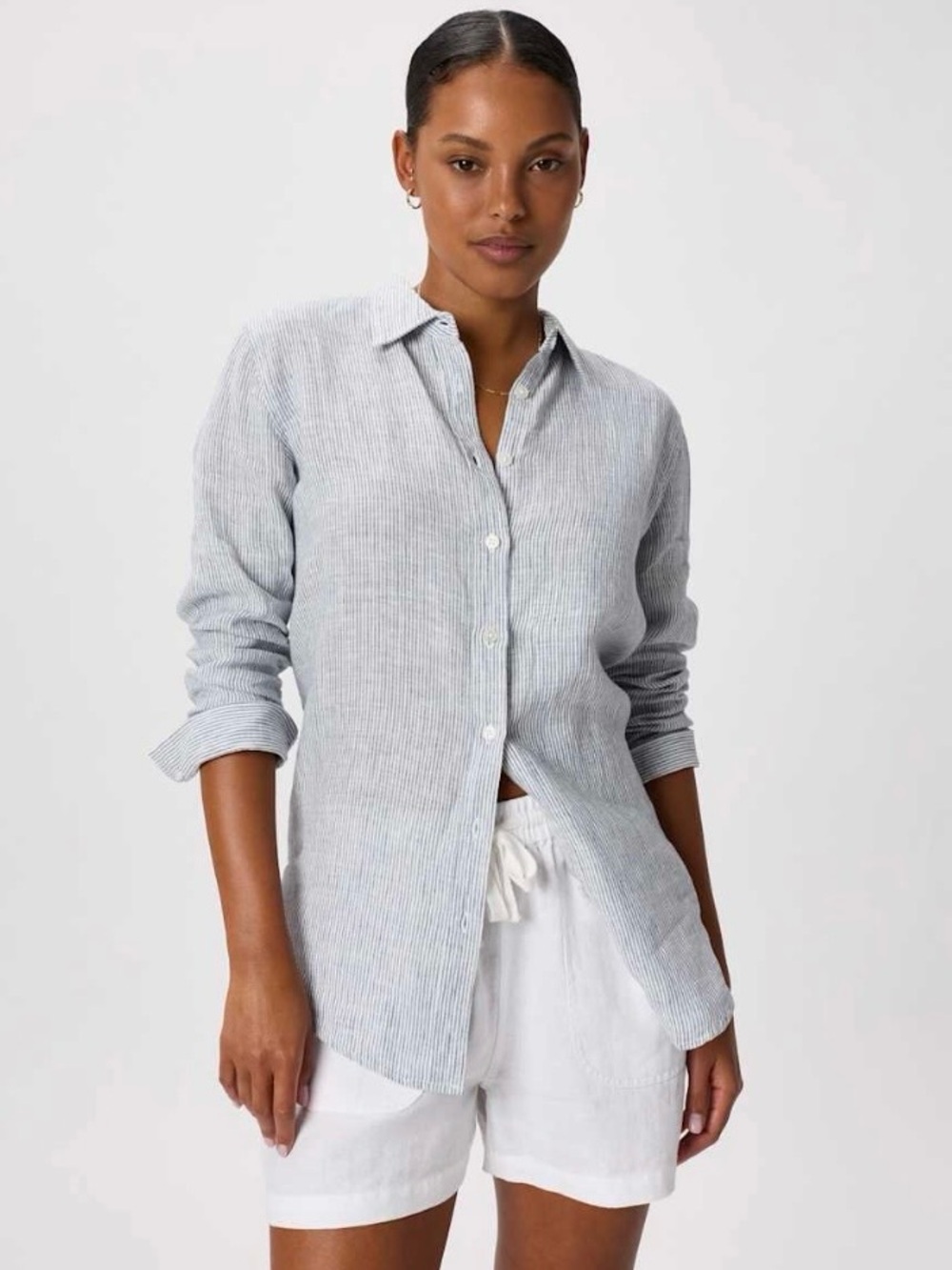 Quince 100% European Linen Long Sleeve Shirt in Blue Pinstripe size medium